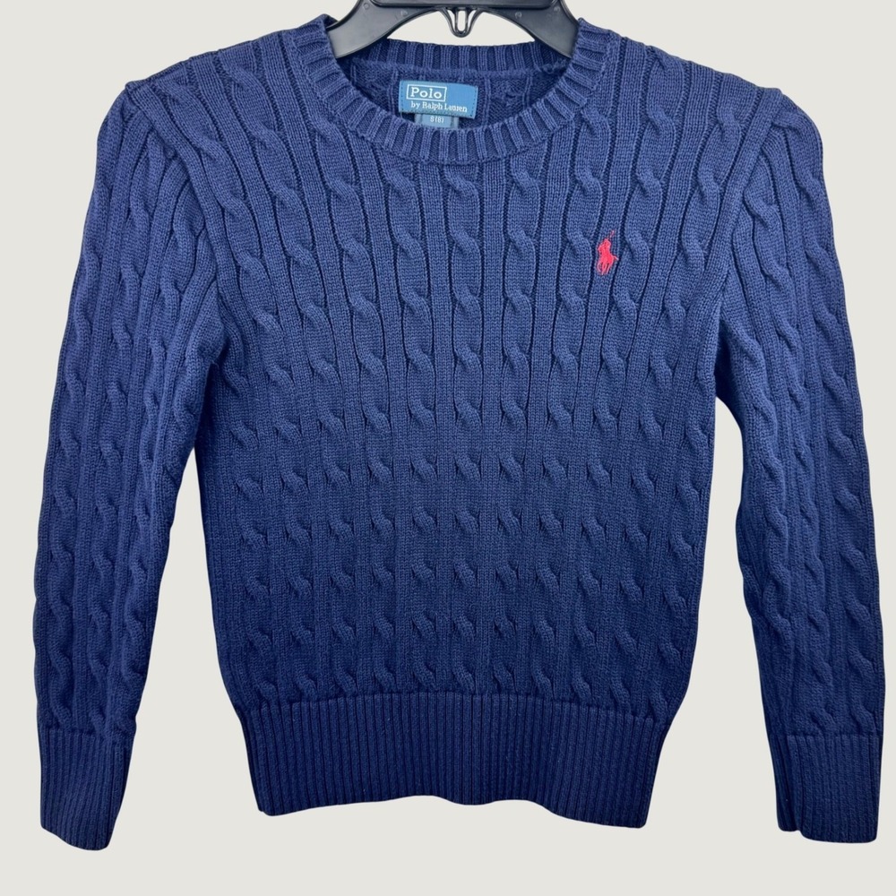 Polo Ralph Lauren Cable Knit Sweater Kids 8 Navy Blue Cotton Pony Logo Classic